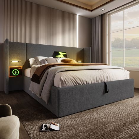 Bett Doppelbett Stauraum 180x200 Leinen Grau OKMYHOME