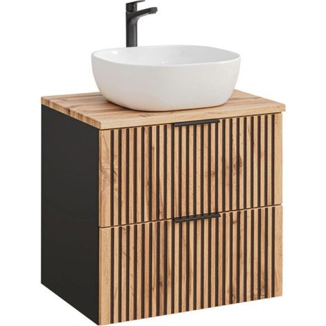 Insieme KINOKO: mobile sottolavabo con cassetti 60cm + piano lavabo in rovere + lavabo bianco quadrato da appoggio