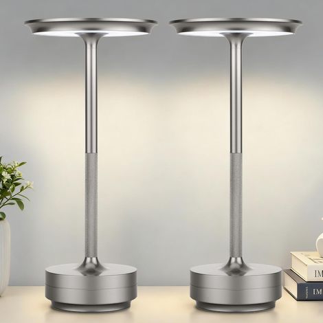 Lámpara de escritorio inalámbrica recargable de 2 piezas – LED, con atenuación táctil, lámpara portátil de metal para exteriores – Plateada (1/5)