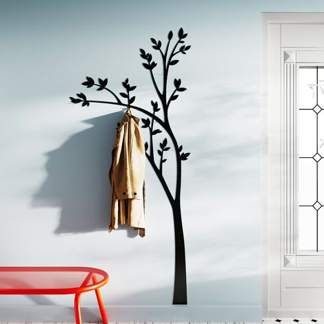 Wandgarderobe Paneel Baum– Design Garderobenleiste in Schwarz – Moderne Garderobe für Flur – Wandpaneele mit 6 Kleiderhaken 190x83cm – Minimalismus-Stil – Flurgarderobe Schmal - Kleiderhaken Garderobe (1/5)