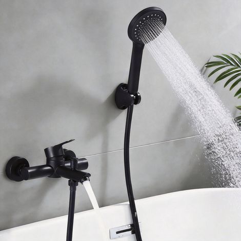 Mitigeur de Baignoire Noir Robinet Baignoire avec Douchette à Main 4 Jets Mitigeur de Douche avec Support et Flexible 1,5m Robinet Bain Douche Mural pour Salle de Bain