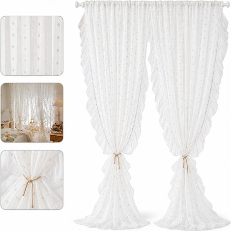 Voilage pour Enfant Style Princesse Nordique avec Volants et Pompons 100 x 180 cm 1 Panneau à Tringle en Polyester Blanc pour Chambre de Fille 0,3 kg (1/5)