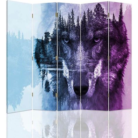 Paravent Décoratif Forêt et Loup en Tons Violets 5 Panneaux - 180 x 180 cm - 1 face déco, 1 face noir