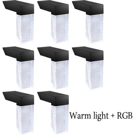 Lot de 8 lampes solaires d'extérieur étanches avec capteur pour escaliers, jardins, terrasses, appliques murales, lumière chaude + RVB (1/5)