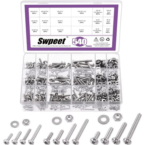 Lot de 540 vis et écrous à tête cylindrique en acier inoxydable 304 SAE 6-328-3210-24 SAE avec rondelles plates, assortiment de vis en acier inoxydable pour un usage domestique (1/5)