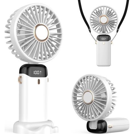 Ventilateur Portable 4200mAh USB avec Écran LED 3-en-1 Main/Cou/Bureau Pliable et Inclinable à 90° Idéal pour Été Bureau Chambre Voyage Cadeau Adultes Enfants (Blanc) (1/5)