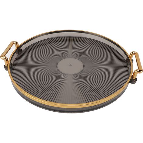 Plateau rond avec poignée dorée, élégant plateau multifonctionnel à rebord doré pour fruits, desserts, gris fumé (1/5)