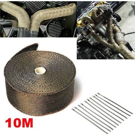 10M Bande Thermique Echappement Isolant Thermique Bande avec 10 Attaches en Acier Inoxydable pour Ruban d'isolation Thermique de Collecteur d'échappement de Moto
