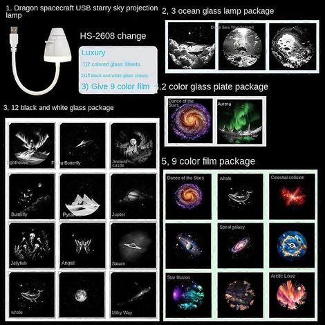 Veilleuse projecteur de ciel étoilé USB, luminosité réglable, veilleuse projecteur de ciel étoilé galaxie, convient aux voitures et aux chambres, 26 films de projection de ciel étoilé. (1/5)