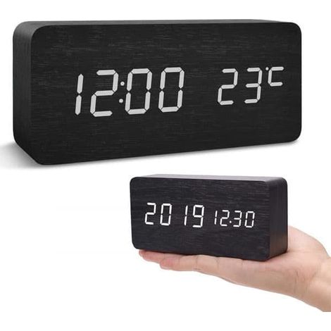 BelleRise - Réveil numérique LED affichant date, heure et température, commande vocale, luminosité réglable, USB ou piles, noir (1/5)