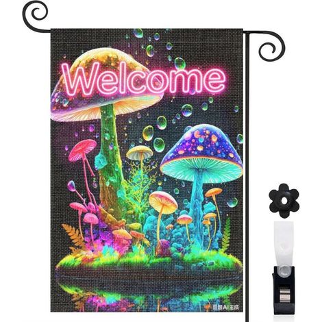 Drapeau de jardin 30 x 45 cm motif champignons colorés lumineux toile double face pour décoration jardin et terrasse (1/5)
