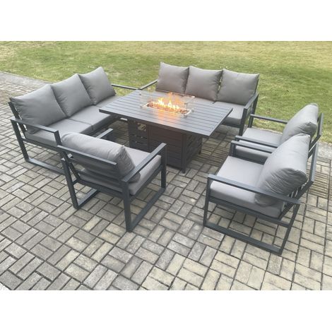 Fimous Aluminium Garden Furniture Outdoor Set Patio Lounge Sofa Gas Fire Pit Dining Table Set with 3 Armchair Dark Grey (1/5)