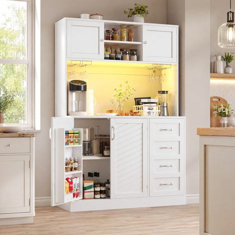 Aparador buffet (120x40x188 cm), con iluminación LED, 4 puertas, 2 cajones grandes, MDF blanco (1/5)