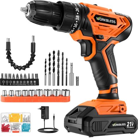 Perceuse-visseuse sans fil 21 V, 40 Nm couple max. sur 19 niveaux, perceuse sans fil avec 2 vitesses pour perçage + vis, électronique de vitesse, lumière LED, orange (1/5)