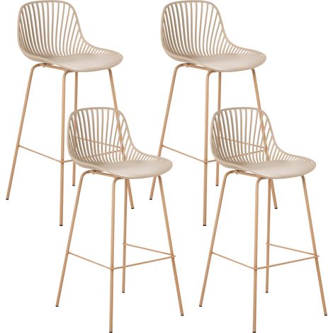 Conjunto de 4 sillas de bar resistentes material sintético poliéster madera transprint patas de hierro beige Kleve (1/5)