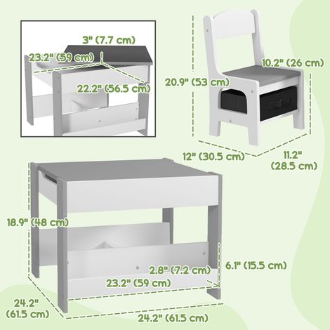 Ensemble table et chaises grises 3 pièces pour enfants, avec plateau réversible, tableau noir et étagère de rangement pour salle de jeux ou chambre d'enfant. (1/5)
