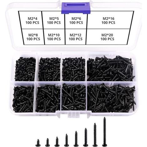 Pair 800 Pièces M2 Vis Autoperceuses à Tête Croisée, Vis Autotaraudeuse, Micro Vis à Tête Cylindrique, pour Plastique Bois Métal Mou (Vis Miniatures Noires) (1/5)