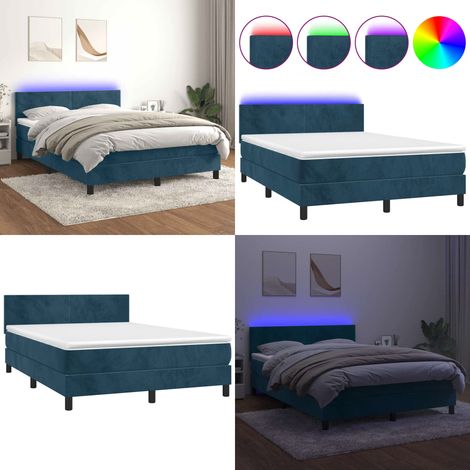 Sommier à lattes de lit avec matelas LED Bleu foncé 140x200 cm - Lit Plateforme - Lit Capitonné - Lit Design - Lit Velours - Lit Avec Éclairage Led - Home & Living (1/5)