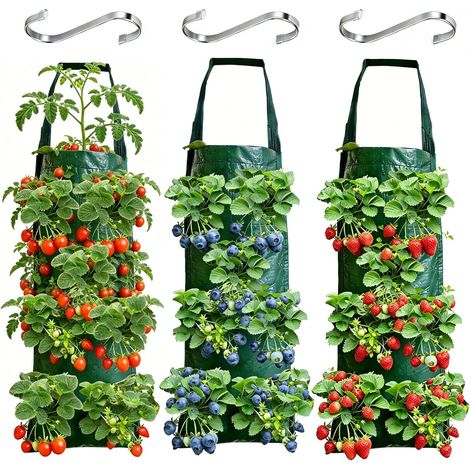 3 PièCes Sac Fraise Suspension Fraisier avec 8 Trous Sac Fraisiers Plantation+ 3 Crochet, Sac De Culture pour Fraises,LéGumes,Fleurs (1/5)