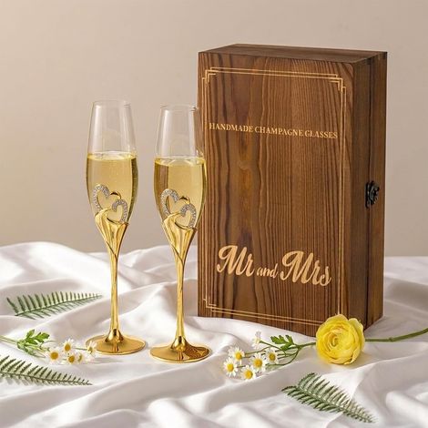 Flûtes à Champagne - 2 Pièces - Cristal et Métal Doré - Design Cœurs Strass - Mariage Fiançailles Anniversaire - Coffret Bois Gravé (1/5)