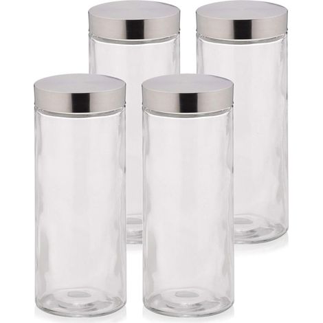 Lot de 4 Bocaux, Verre, Couvercle Acier Inoxydable, Contenance 2,1 L, Rond, Stockage Alimentaire