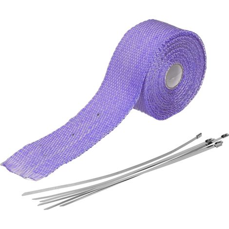 Ruban d'isolation thermique pour échappement 5m, fibre de verre, brides en acier allié, teinte violette, auto-moto, protection haute température. (1/5)