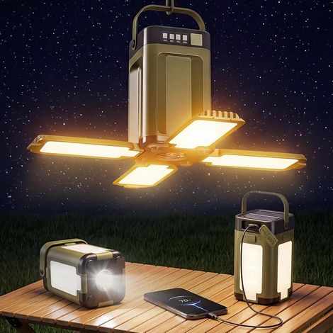 Lanterne Camping Rechargeable USB et Solaire, Lampe Camping LED Pliable, 6 Modes d'éclairage, 10H+ d'autonomie, Étanche IPX4, Eclairage Portable Lampe Tente pour Pêche, Randonnée, Urgence (1/5)