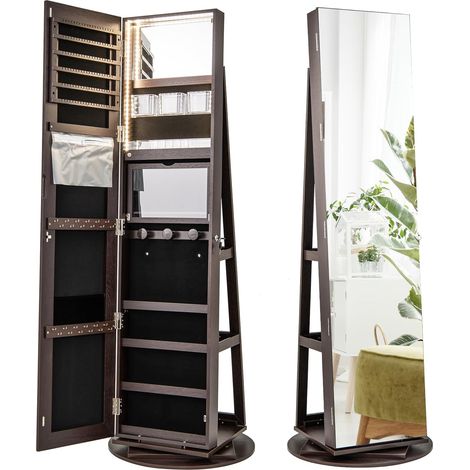 COSTWAY Armoire à Bijoux Pivotante à 360°, Rangement Bijoux Design 3 en 1 avec Miroir Pleine Longueur et Lumières LED 3 Couleurs, Organisateur de Bijoux Style Nordique (Café,Style 1) (1/5)