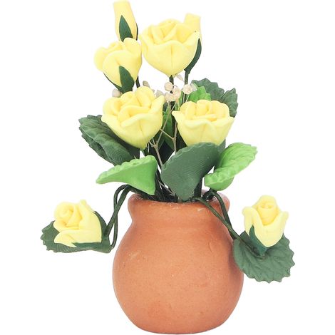 1:12 Maison de Poupée Fleur Jaune Rose Rouge Pot Feuilles Vertes Vif Miniature Céramique (1/5)