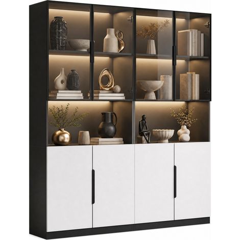Vetrina moderna minimalista con ante in vetro, LED regolabile, bianco e nero, 160 x 30 x 200 cm (1/5)