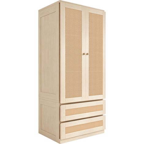 Armoire à vêtements 70x55x170 cm avec portes en rotin synthétique, tiroirs et rangements, couleur bois (1/5)