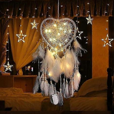 Applique murale LED en forme de cœur, attrape-rêves, de style bohème, blanche et faite à la main, avec éclairage intégré pour une décoration romantique. (1/5)