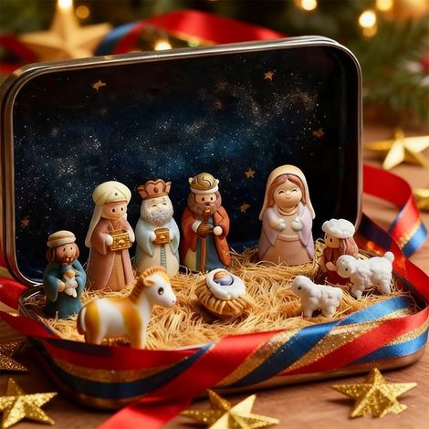 Nativity Set - Tin Box Miniature Figurines With Holy Family Shepherd Wise Men Animals - Indoor Christmas Decoration - 1 Pack (1/5)