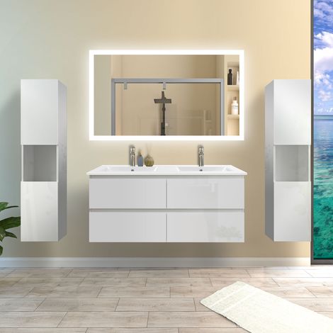 Biubiubath – Ensemble de meubles de salle de bain 120cm – Vasque céramique – Colonne 2 compartiments 131.5cm – Miroir lumineux anti-buée 120x70cm (1/5)