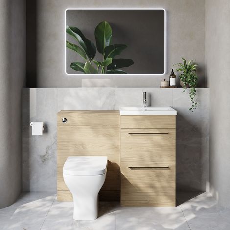 Napoli 390 Cento Light Oak 1100mm 2 Drawer Vanity Unit Toilet Suite with Glide Basin - 1100mm - Chrome 320mm HandleWith Kingston Toilet Pan and Seat