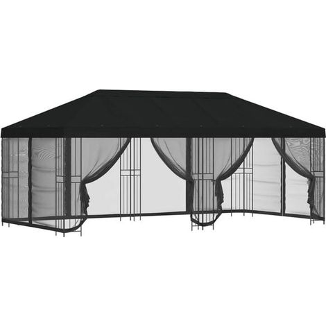 Un gazebo de 6 x 3 mètres avec parois latérales, construit en fibre de polyester noire et en acier, 190 cm de haut. (1/5)