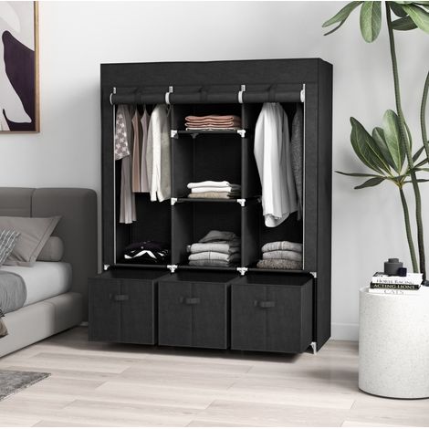 Stoffschrank 125x43x162.5 cm schwarz aus Stahl mit 3 Schubladen und 2 Kleiderstangen (1/5)