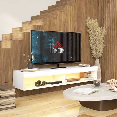 Mueble de TV mural con iluminación LED para televisores de hasta 75 pulgadas, estantes, 180 cm de largo x 40 cm de ancho x 30 cm de alto, blanco.