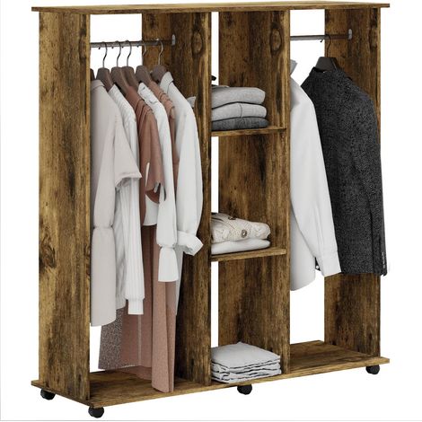 Optimiser le Rangement des Vêtements Dressing Armoire Double Penderie Mobile en Bois avec 2 Barres 3 Étagères et 6 Roulettes (1/5)