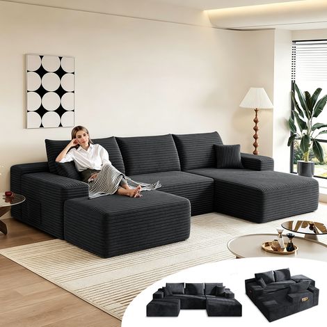 Canapé d’angle 4 places avec fonction lit, canapé modulable en L pour salon, convertible moderne avec 5 coussins, 274L x 175P x 64H cm, noir