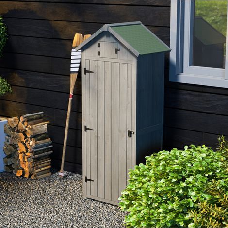 Armoire de jardin 77x54,2x179 cm gris en bois avec toit étanche, étagères amovibles et fenêtre (1/5)
