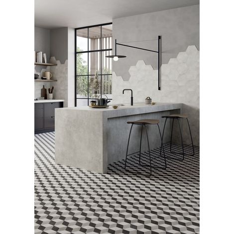 Carrelage Imitation Carreaux de Ciment HEXAGON 25x22 cm Cube B&W (1/2)