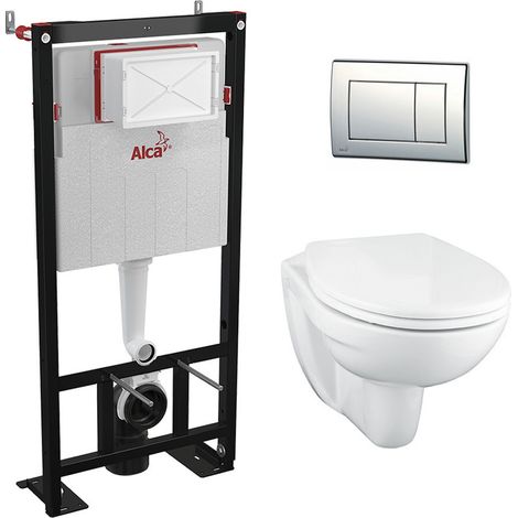 Alca Pack cisterna empotrada autoportante + inodoro suspendido sin bridas+ placa cromada brillante