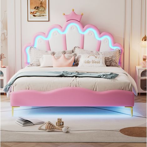 DESVIAE Lit double princesse 140 x 200 cm rose avec tête de lit nuage couronne et bande lumineuse LED réglable en hauteur (1/5)