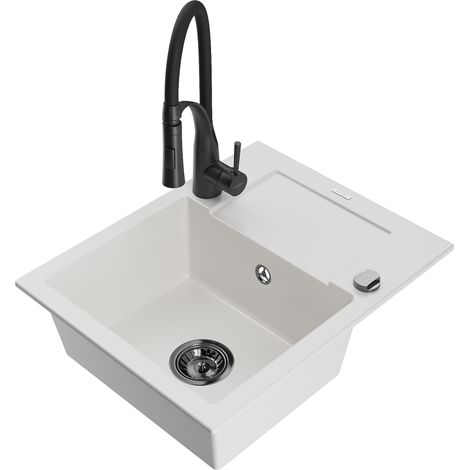 Mexen Enzo lavello in granito a 1 vasca con gocciolatoio e miscelatore cucina Aster, bianco - 6506-20-73450-70-B (1/5)