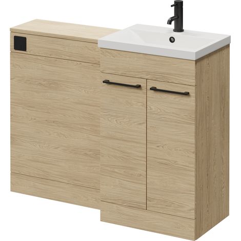 Napoli 390 Cento Light Oak 1100mm 2 Door Vanity Unit Toilet Suite with Glide Basin - 1100mm - Matt Black 160mm HandleWithout Kingston Toilet Pan