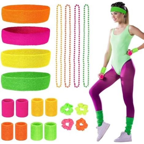 Lot de 20 bandeaux et bracelets de sport, bandes sueur néon 80s absorbantes pour gym, yoga, running, femme, doux et élastiques