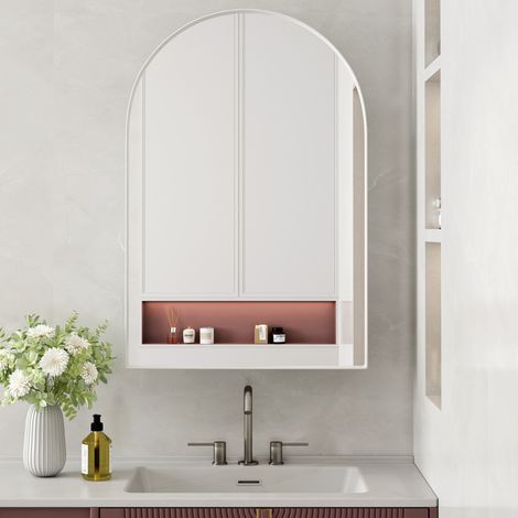 Specchio da bagno con mobile portaoggetti, armadio a specchio ad arco, per bagno, soggiorno, camera da letto, bianco (1/5)