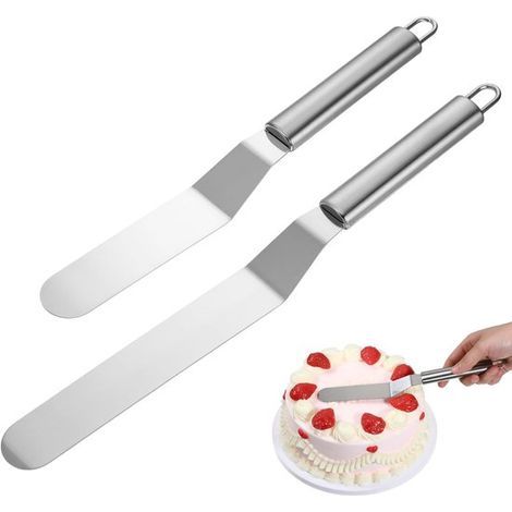 Set aus 2 abgewinkelten Edelstahlspateln – 26,5 cm und 31,5 cm – 3 cm breit – Silber – Runder Griff – Ideal zum Dekorieren von Kuchen (1/5)