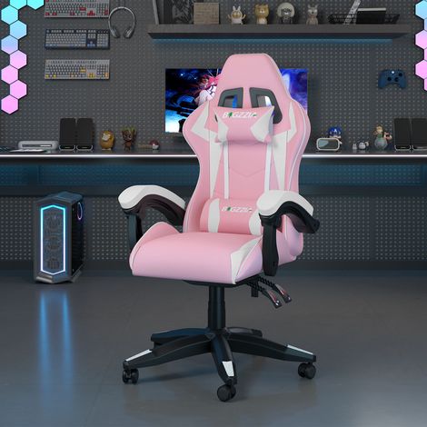 Ergonomic PU Leather Racing Gaming Chair with Headrest and Lumbar Pillow Swivel Office Chair White and Pink (1/5)